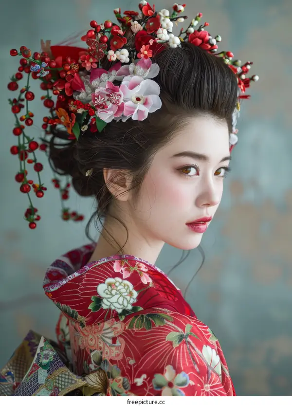 Portrait of a young Japanese woman in traditional kimono with red and white flowers in her hair