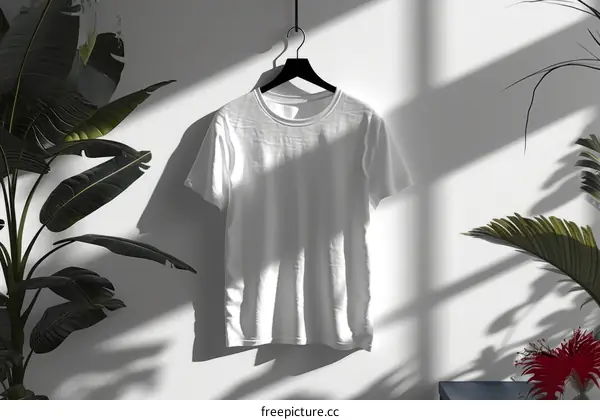 White T-Shirt Mockup with Tropical Leaf Shadows