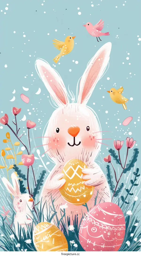 Easter bunny with eggs and flowers
