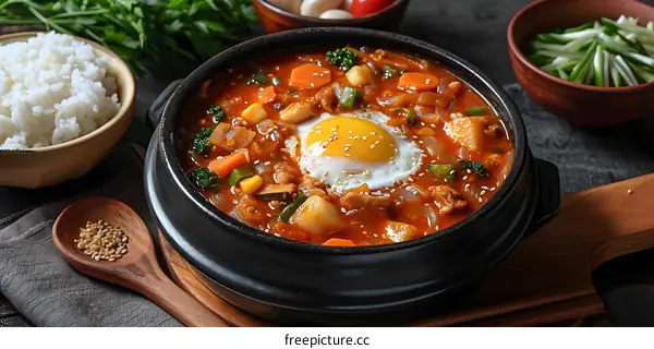 Spicy Korean Stew with Egg and Rice