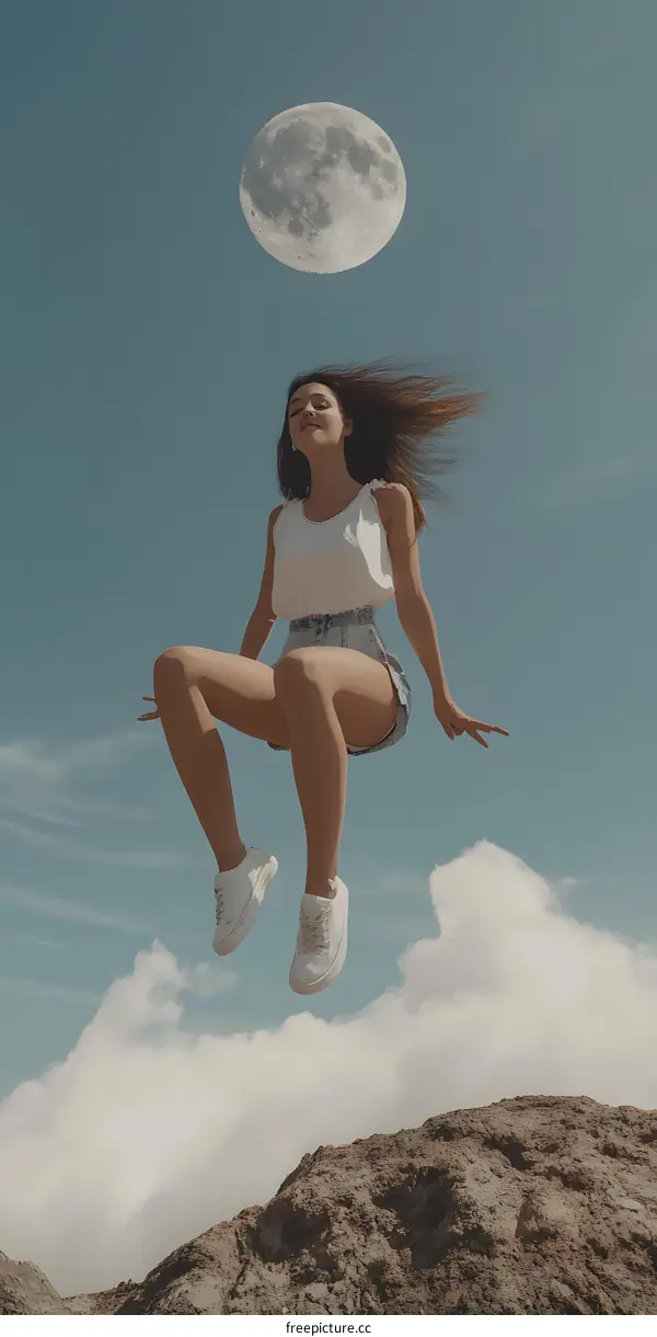 Young Woman Jumping with Moon in the Background