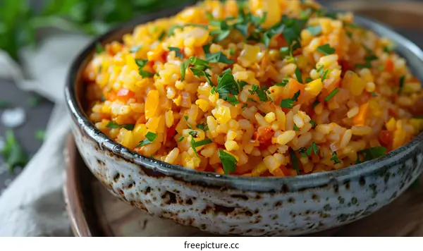 Bowl of Rice with Vegetables and Herbs