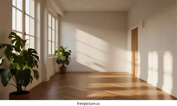 Bright and spacious empty room with large windows and green plants