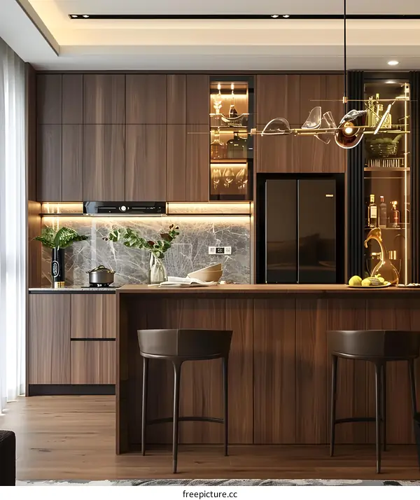 Modern Kitchen Interior Design with Wooden Cabinets and Bar Stools