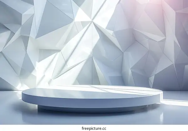 3D rendering of a white geometric podium with a spotlight on it