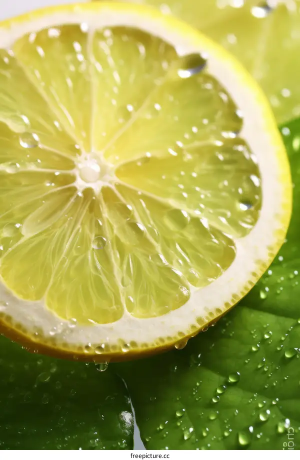Close-up photo of a lemon wedge on top of green leaves