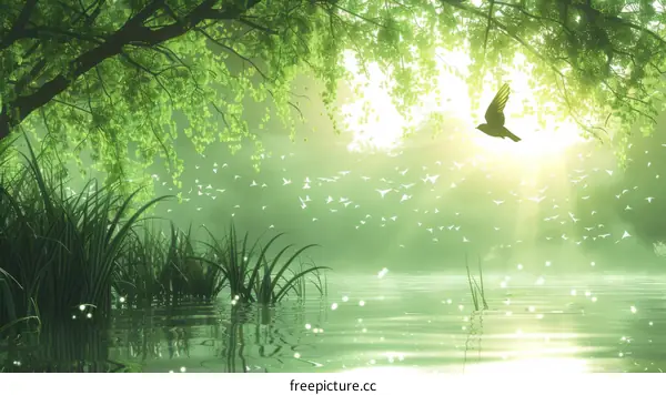 Birds Flying Over a Misty Lake Surrounded by Trees