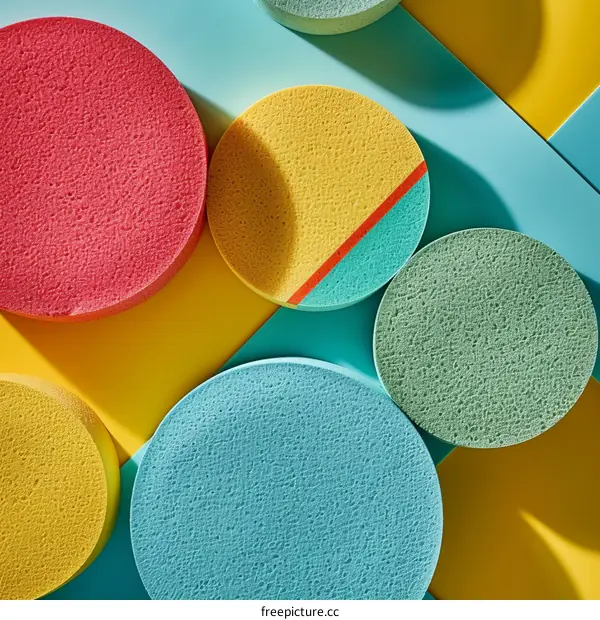 Colorful 3D shapes on a blue and yellow background