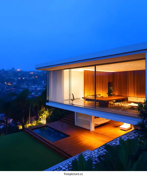 Modern House with Swimming Pool and City View at Night