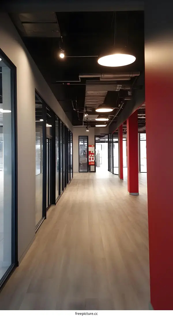 Modern Office Hallway with Red Walls and Glass Doors