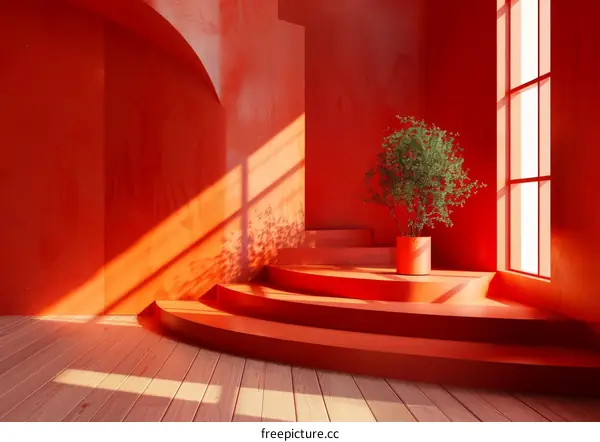 Red Room with Stylish Steps and Sunlight