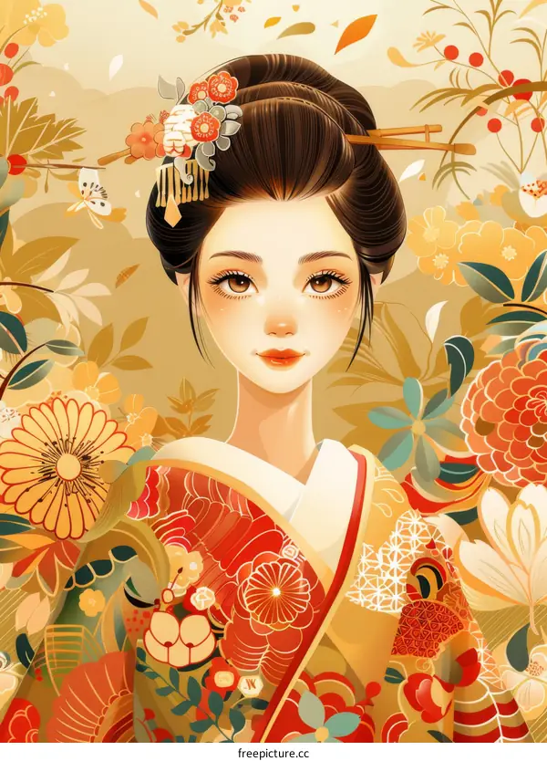 Beautiful Japanese Woman in Traditional Kimono Surrounded by Flowers