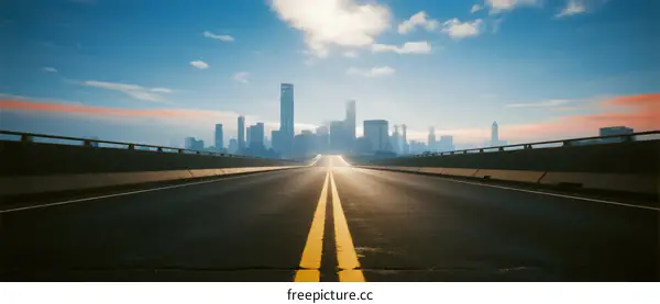Sunlit road leading to a modern city skyline under a clear sky