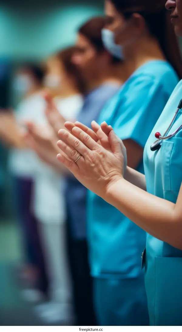 Applauding healthcare workers in scrubs