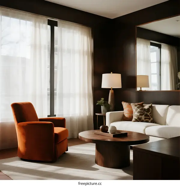 Modern living room with orange armchair and white sofa