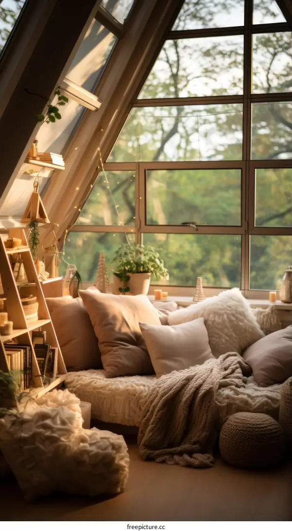 A cozy reading nook with a view of the forest