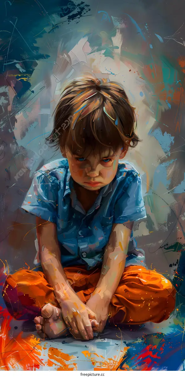 Portrait of a Young Boy with Sad Eyes and a Gloomy Expression