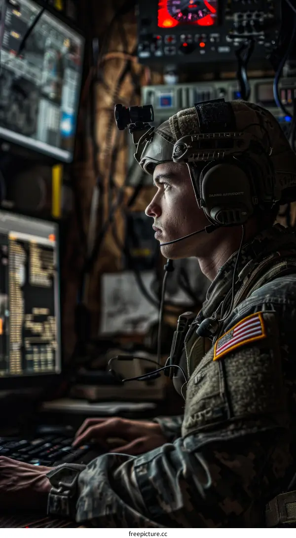 A soldier wearing a helmet and headset works at a computer.