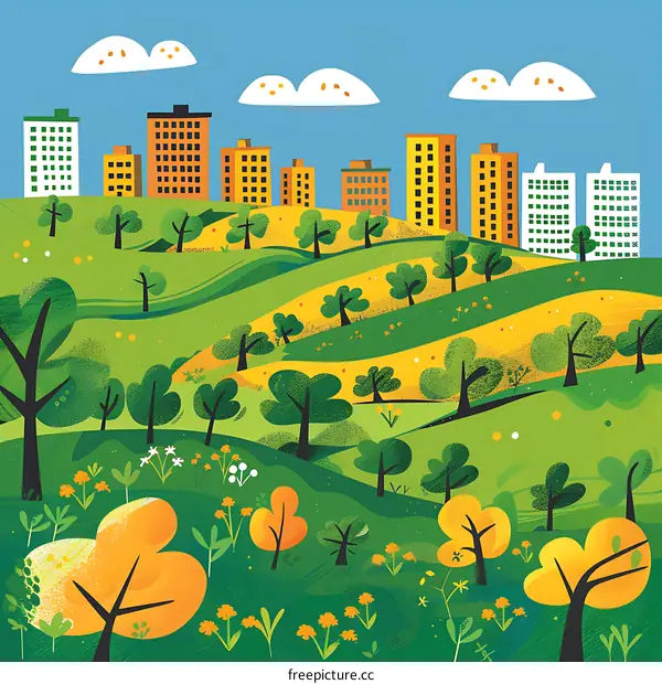 Green Hills With City Skyline Illustration
