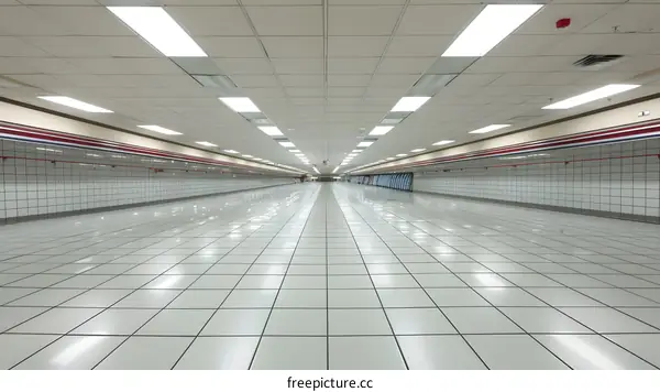 Empty White Tile Hallway With Fluorescent Lights