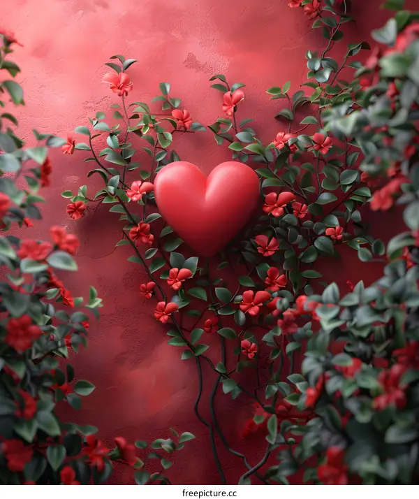 A 3D rendering of a red heart entwined with ivy on a red background.