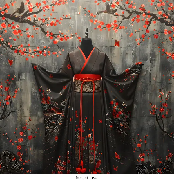 A kimono with a pattern of cherry blossoms and a red obi
