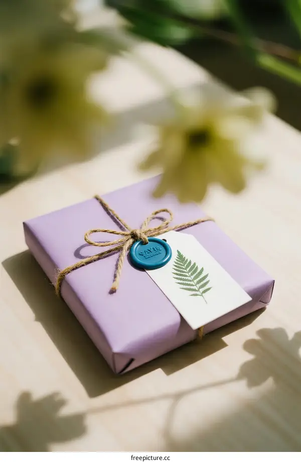 Purple Gift Box Tied with Rope and Leaf Seal on Wooden Table
