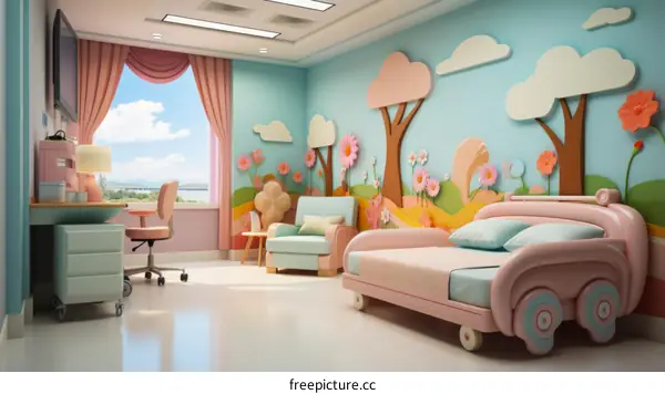 A brightly colored hospital room with a bed, a chair, and a desk