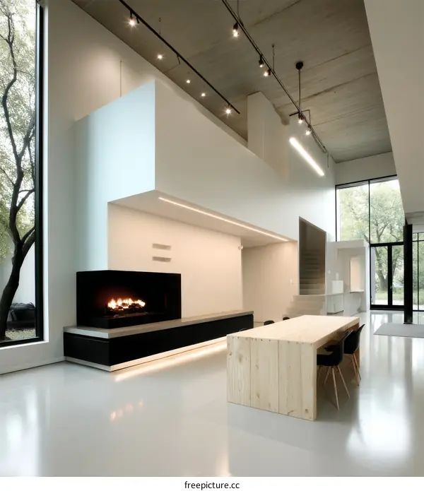 Modern Open-Plan Living Area with Wooden Table