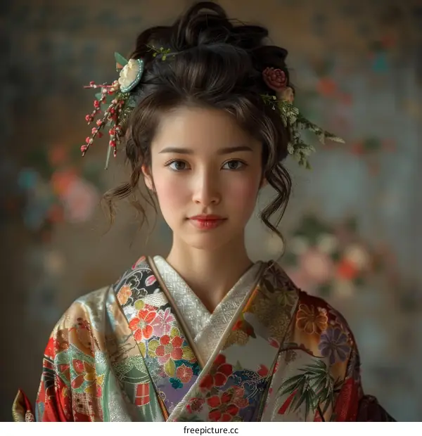 Beautiful Asian Woman Wearing Traditional Japanese Kimono