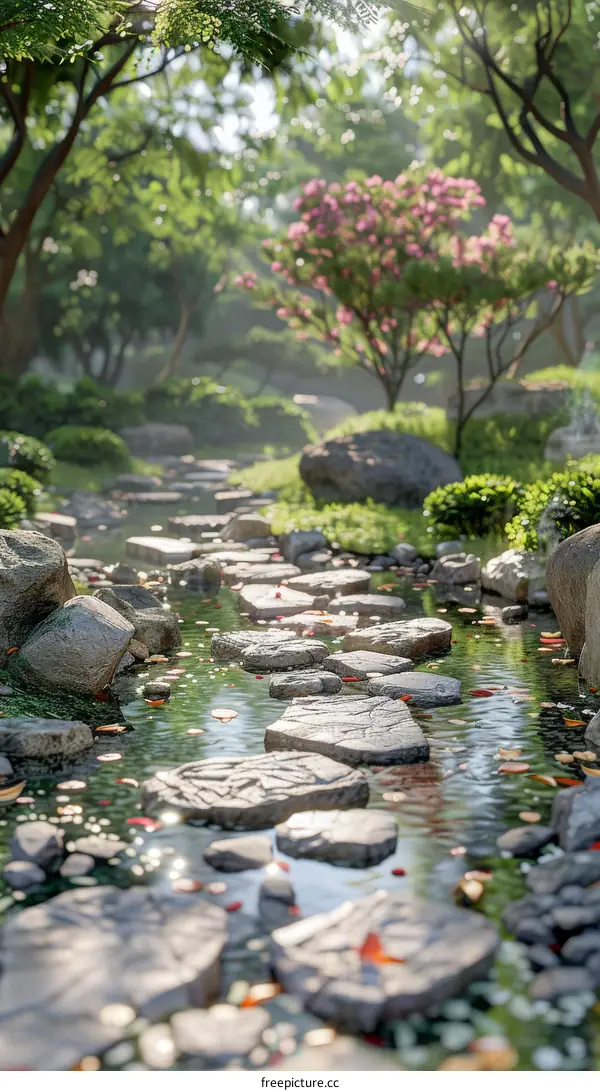 Pink Flowering Tree and Stepping Stones in a Japanese Garden