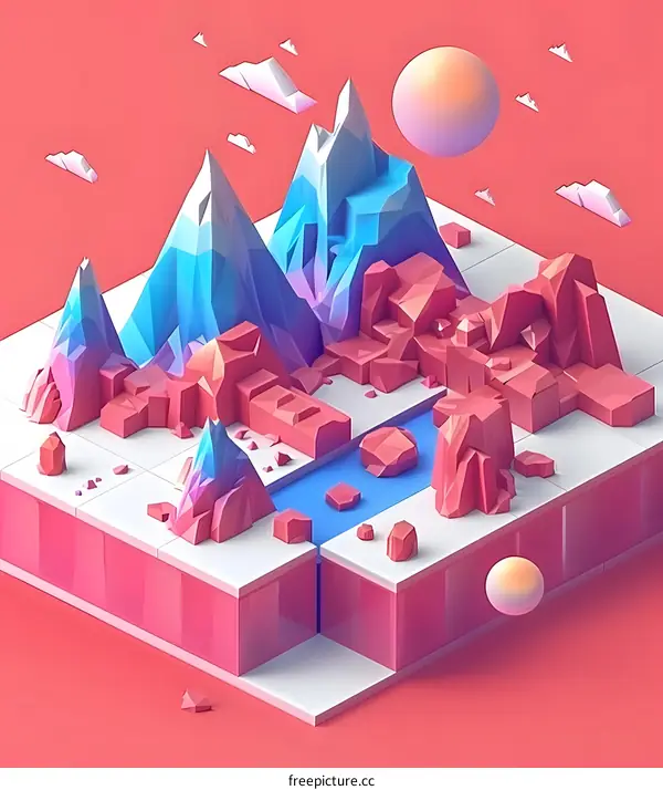 Low Poly Mountains and River in Isometric View