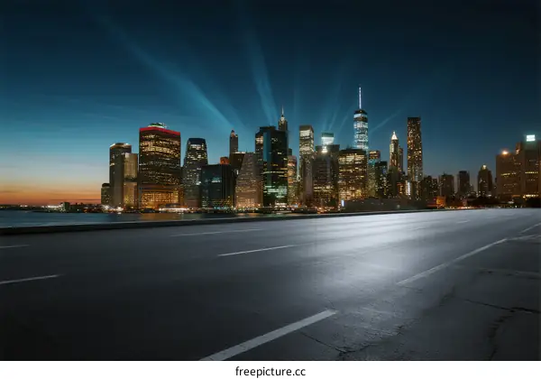 City skyline at night with modern buildings and empty road
