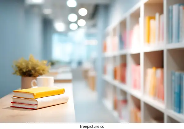 Modern Office Bookshelf Interior with Stacked Books