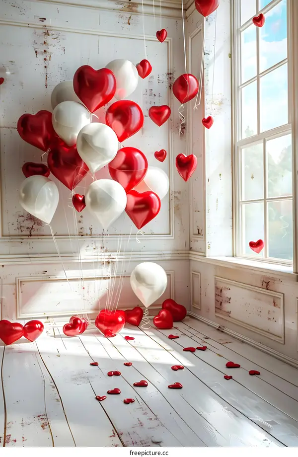 A room filled with red and white heart-shaped balloons