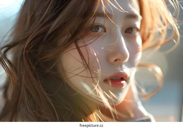 Woman with Brown Hair Blowing in Wind