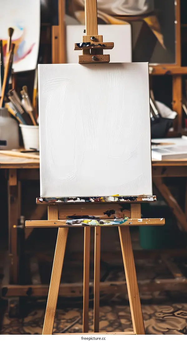 Blank Canvas on Wooden Easel in Art Studio