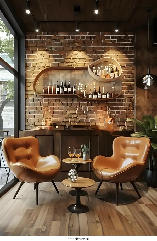 Modern Bar Interior Design with Brick Wall and Leather Chairs