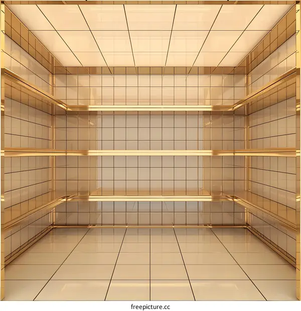 Empty Gold Shelves In A Square Room