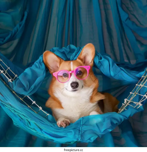 A cute corgi dog wearing pink glasses is lying in a blue hammock
