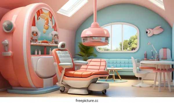 A dentist's office with a pink and blue theme