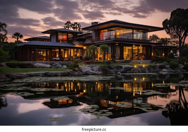 A tranquil Asian-style house with a reflecting pond