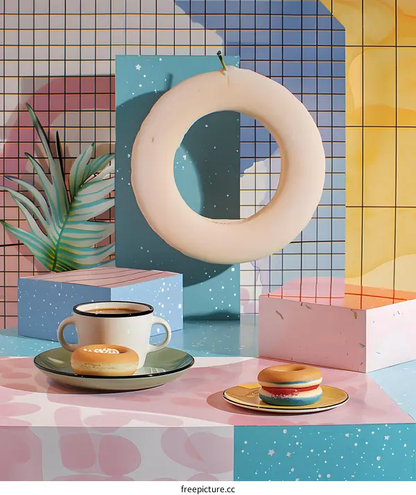Retro Style 3D Still Life With Coffee, Donuts and Geometric Shapes
