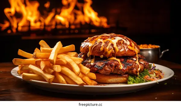 A delicious-looking burger and fries sit on a plate in front of a warm fire