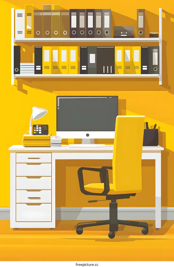 Yellow Office Desk with Computer and Chair