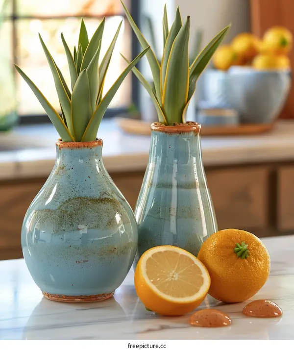 Two blue ceramic vases with green plants and a lemon