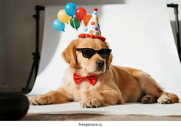 Golden retriever dog wearing birthday hat and sunglasses