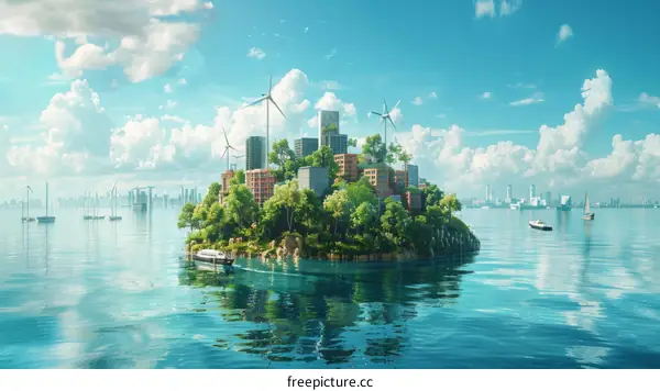 A green city surrounded by water with windmills and sailboats