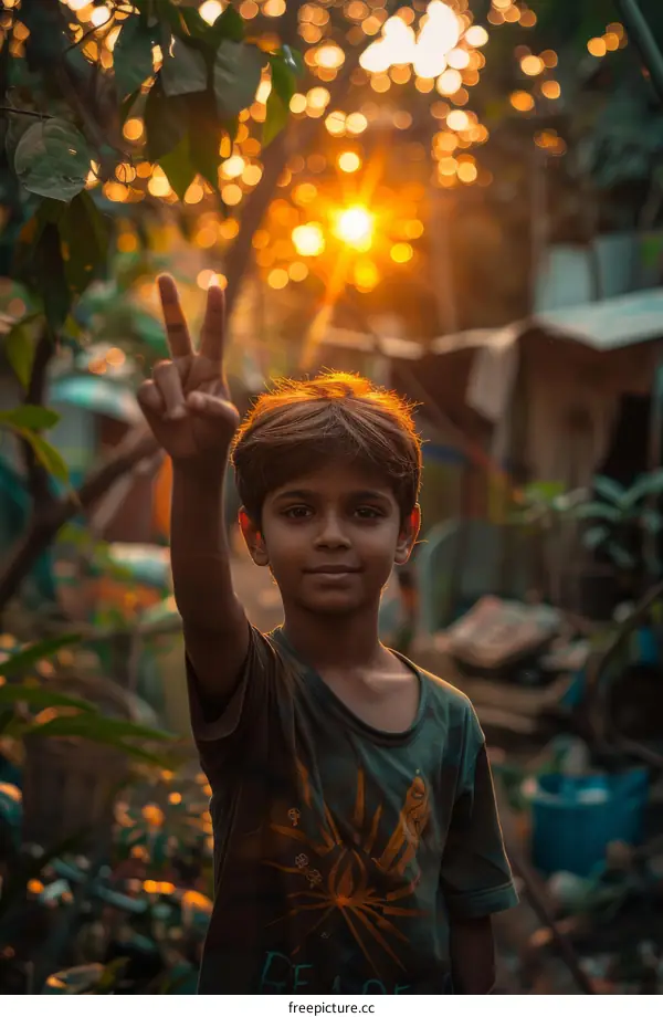 Indian boy making peace sign in front of the sun