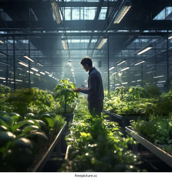 Male botanist examining a plant in a greenhouse